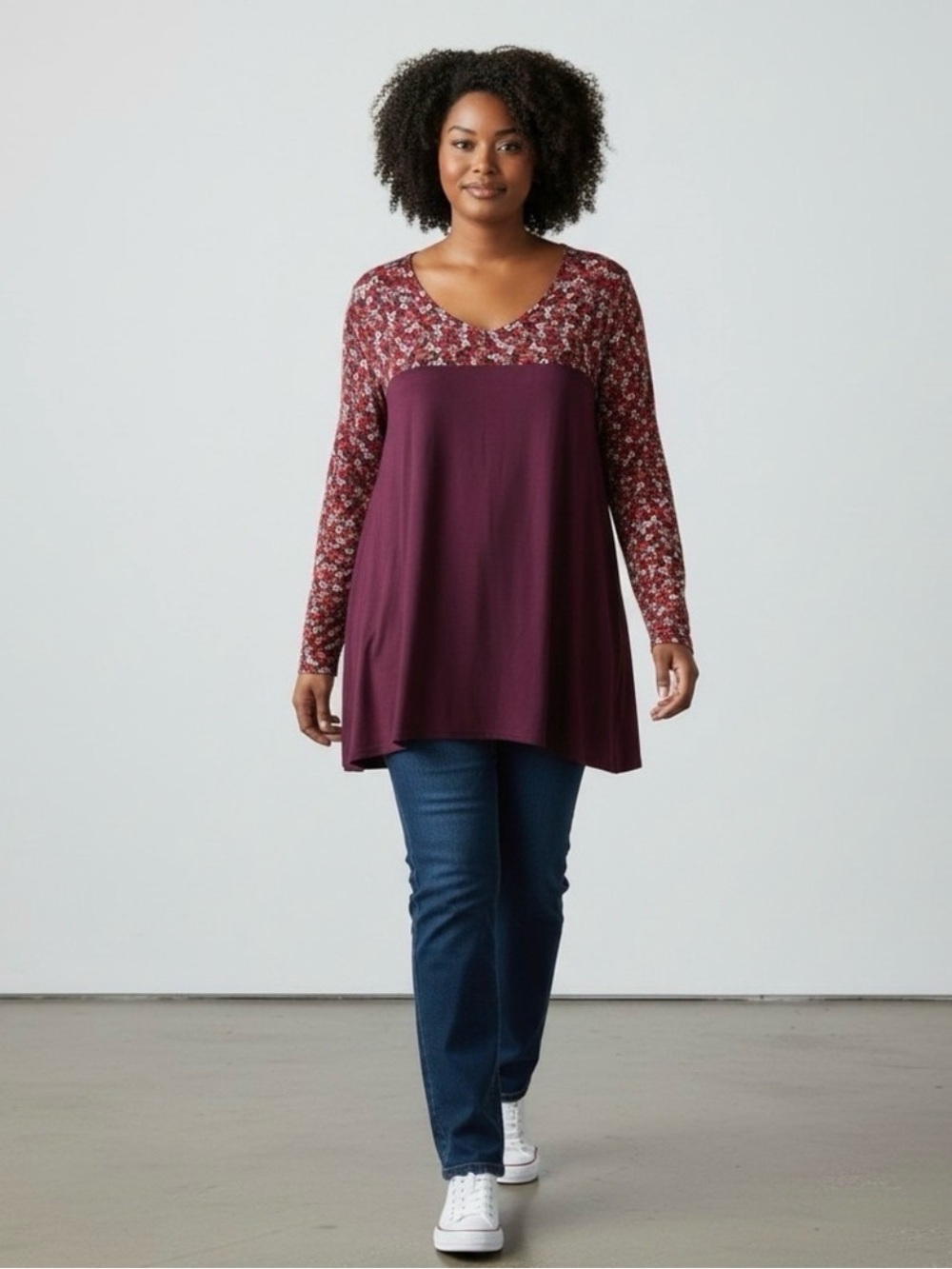 🩷🔥💜 NWT Lane Bryant Womens 18-20 Plum Tint Flowers V-neck Long Sleeve Tunic Top - Picture 1 of 4